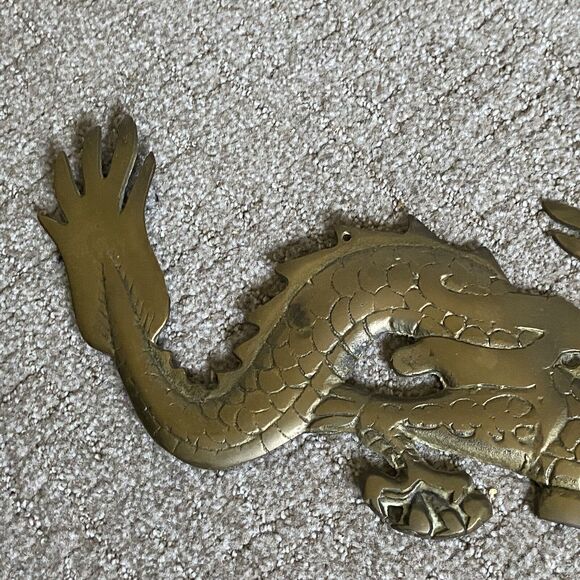 Vintage Brass Wall Hanging Dragon Figure 7”22” Long mid centry modern - Picture 3 of 9
